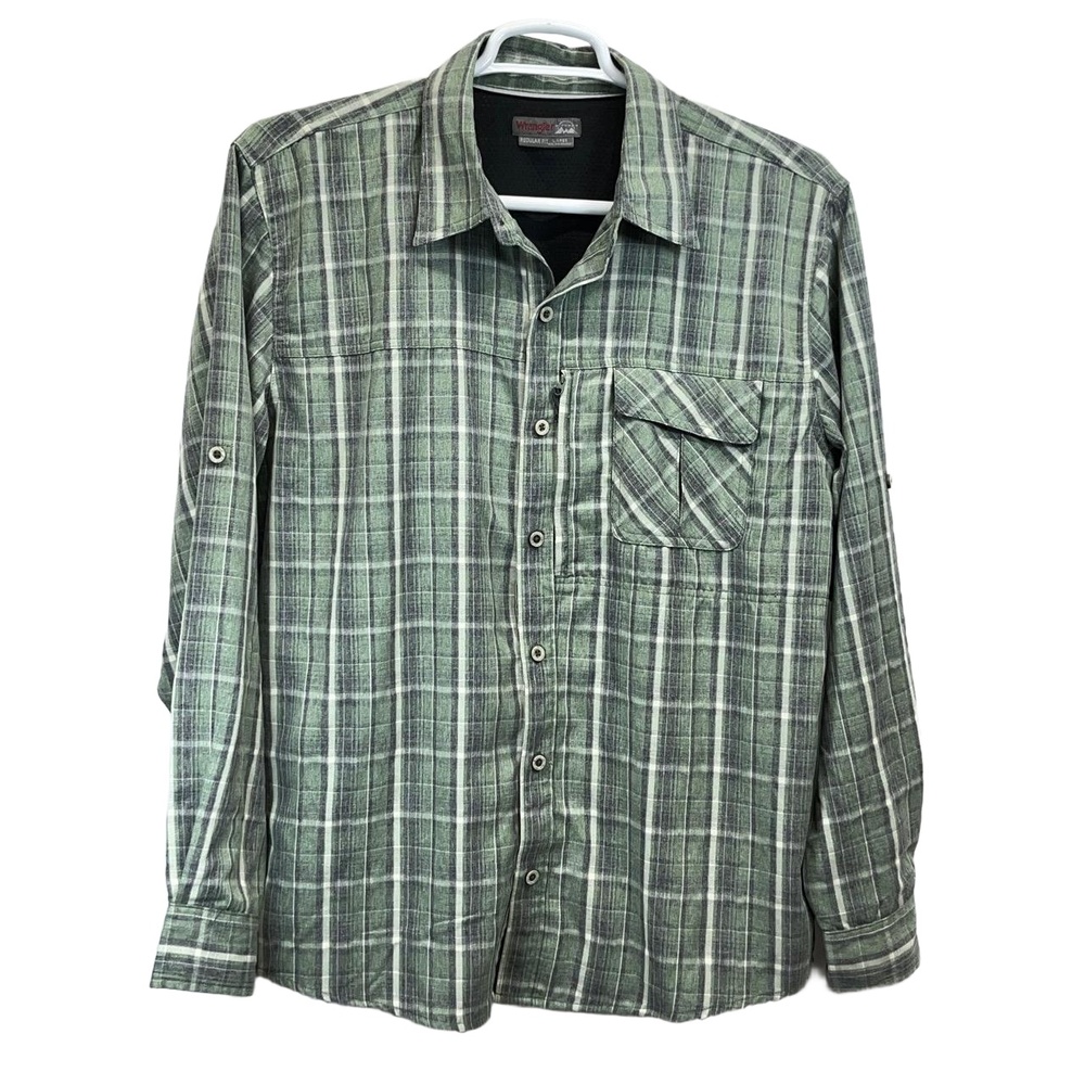 Wrangler Mens Outdoor Series Green Plaid Vented Back L/S Button Down Shirt Large